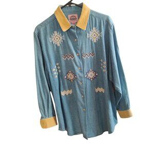 Cambridge Country Store Denim Blouse Suede Trim NEW Size 8